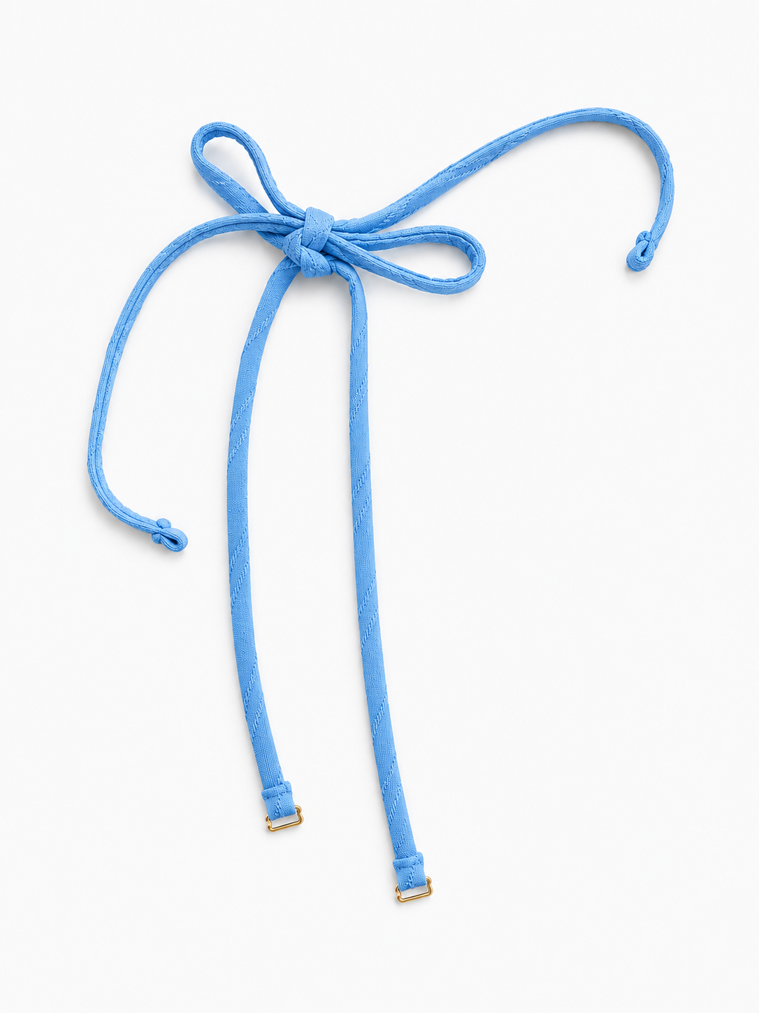 Thin, light blue textured swimsuit top bow tie straps that are detachable from swim top with gold hook trims that attach to top.